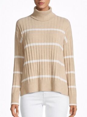 Calvin Klein Beige White Striped Turtleneck Sweater Ribbed Cozy Size L